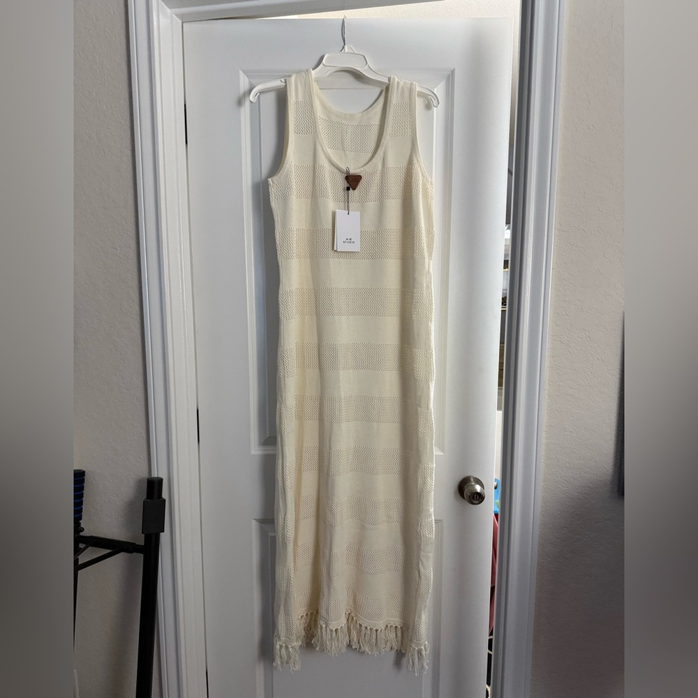 AJE Cream Crochet Fringe Maxi Dress